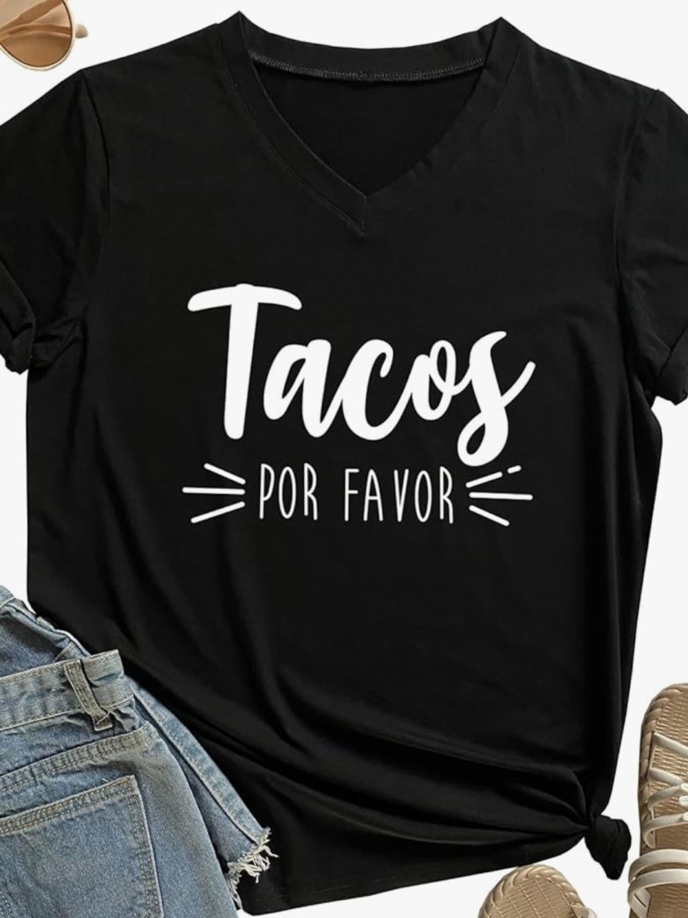 Tacos Por Favor V-Neck Graphic Tee - Black